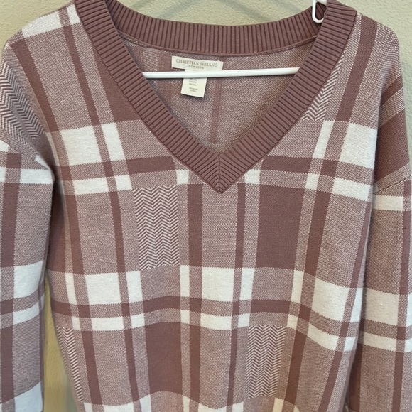 Christian Siriano Sweater Womens XS Light Cream Tan V Neck Plaid Pullover - Picture 2 of 10